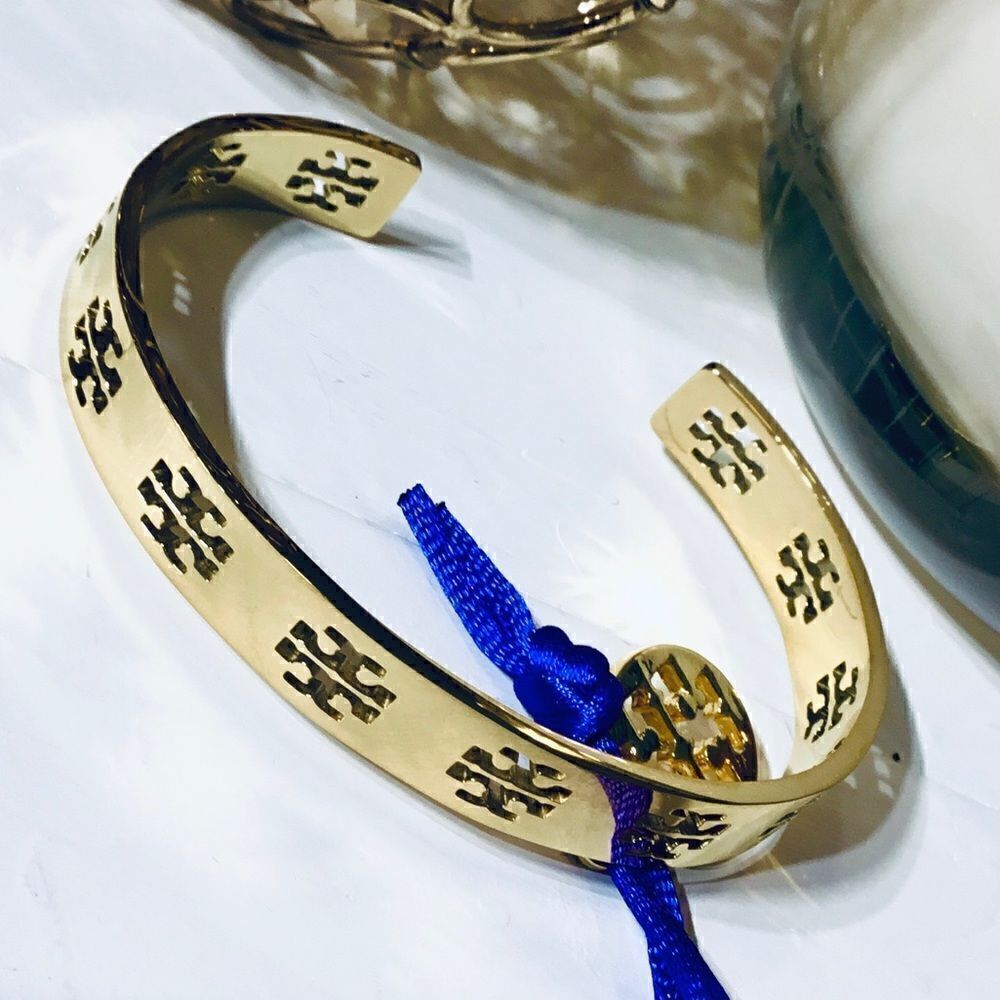 TORY BURCH LOGO DOUBLE T CUFF 18K GOLD TONE BRACELET - Picture 7 of 8